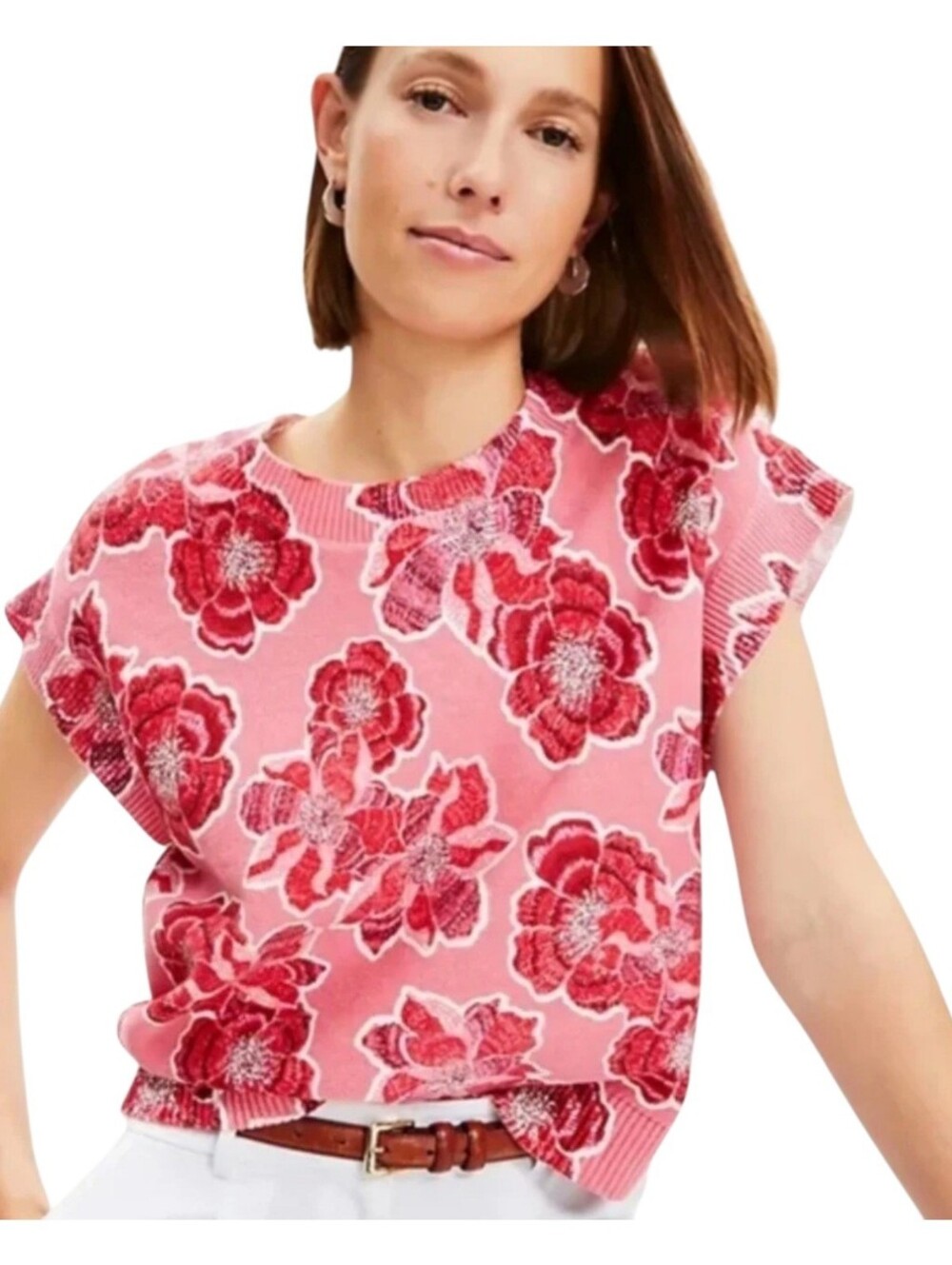 LOFT Pink/Red Floral Wedge Dolman Sleeveless Pullover Sweater Tee NWT M Cotton